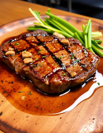 Grilled pork chop with asparagus on a white plate.の写真素材