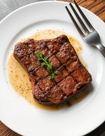 Grilled beef steak on a white plate with a fork, top viewの写真素材