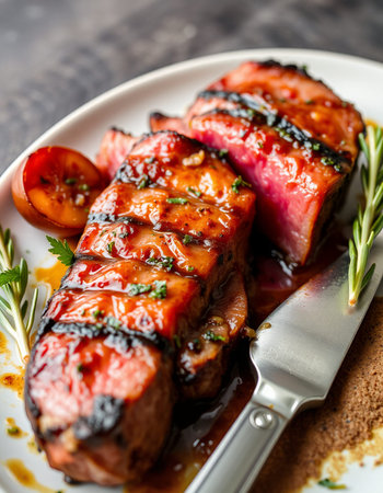 grilled beef steak with rosemary and tomato on a wooden table