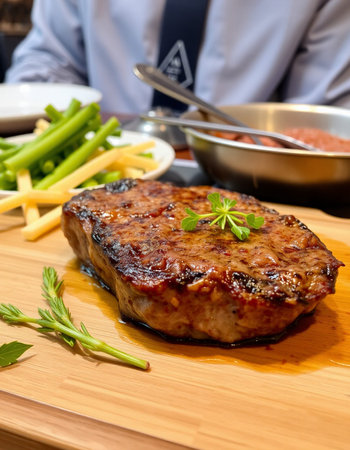 grilled pork chop with vegetables on a white plate in a restaurant