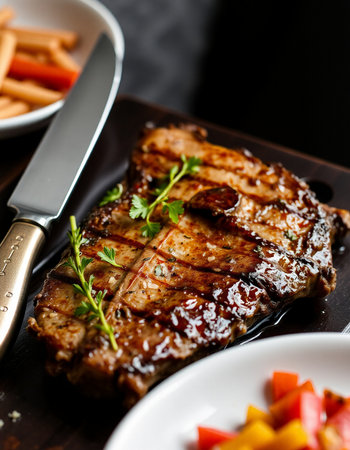 Grilled T-bone steak with french fries on a black plateの写真素材