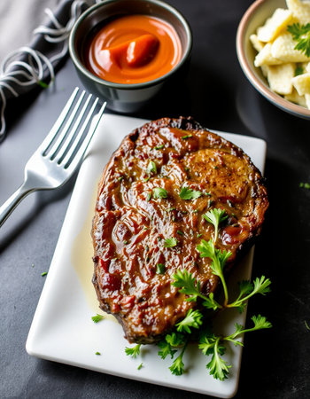 Grilled steaks with tomato sauce and parsley on black backgroundの写真素材