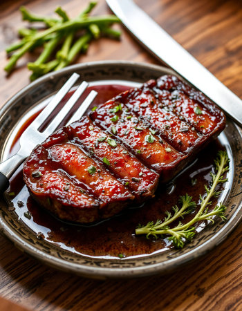 grilled beef steak with sauce and green beans on a wooden table