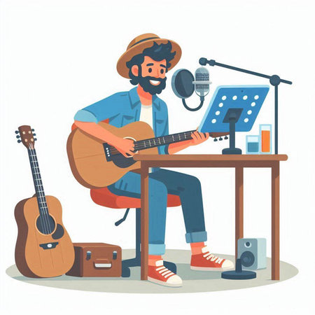 Musician playing guitar on the radio. Vector illustration in cartoon styleのイラスト素材