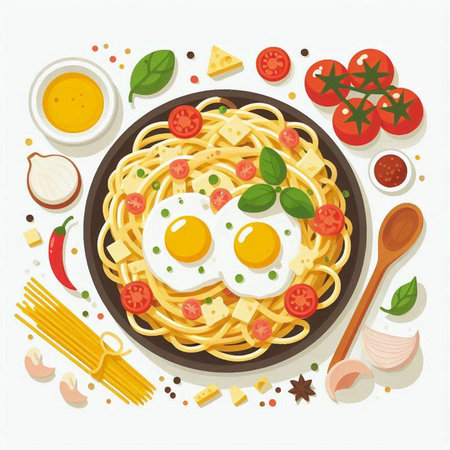 Spaghetti with egg and vegetables on a plate. Vector illustration.のイラスト素材