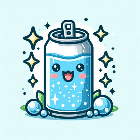 Cute soda can character with stars and bubbles. Vector illustration.のイラスト素材