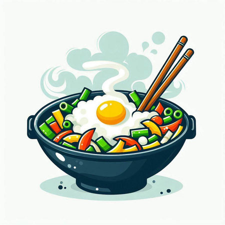 Illustration of a bowl of rice with vegetables and fried egg.のイラスト素材