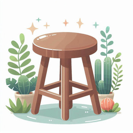 Wooden stool in the garden. Vector illustration in flat style.のイラスト素材