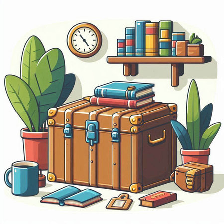 Vector illustration of a suitcase with books, coffee cup and clock.のイラスト素材