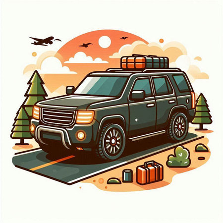 Vector illustration of a tourist car on the road in the mountains.のイラスト素材