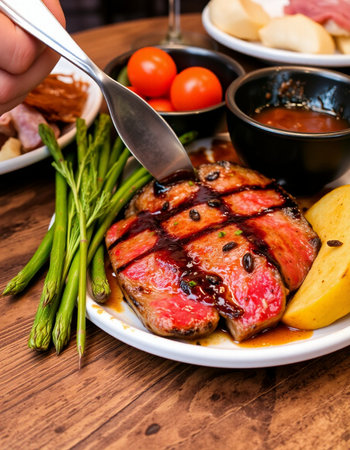 grilled beef steak with asparagus and potatoes on wooden tableの写真素材