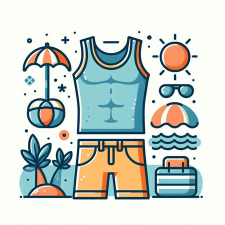 Vector illustration in flat linear style with summer beach elements. Summertime, vacation concept.のイラスト素材