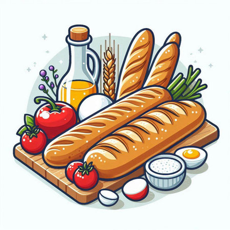 Baguette and ingredients for cooking. Vector illustration in cartoon style.のイラスト素材