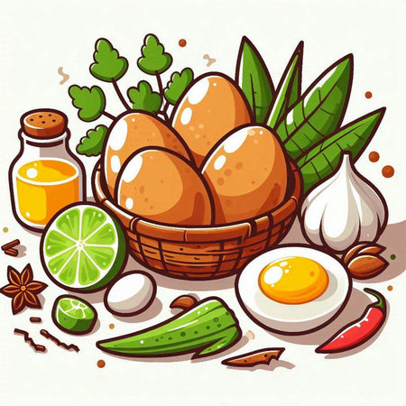 Cartoon vector illustration of eggs in a basket with ingredients for cooking.のイラスト素材