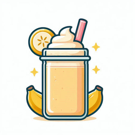 Banana smoothie with whipped cream and straw. Vector illustration.のイラスト素材