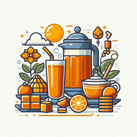 Vector illustration of orange juice in glass jar with honey, lemon, honeycomb, honey dipper. Flat line art style design.のイラスト素材