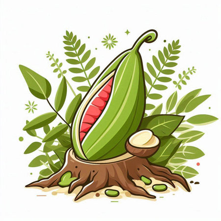Cocoa fruit and leaves on white background. Vector illustration.のイラスト素材