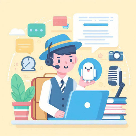Vector illustration of a man in a hat and uniform working on a laptop with an owl in his handのイラスト素材