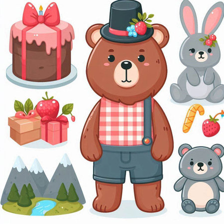 Set of cute cartoon bear, rabbit, bear, rabbit, hare, cupcake, gift box and mountains.のイラスト素材