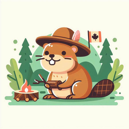 Cute beaver in hat sitting near campfire. Vector illustrationのイラスト素材