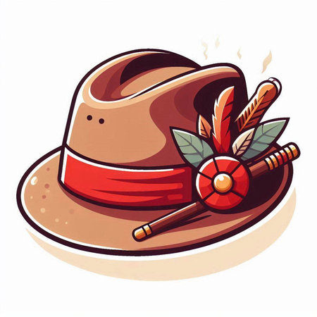 Illustration of a cowboy hat with a feather and a drumstickのイラスト素材