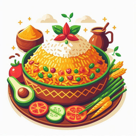 Rice with vegetables and fruits. Vector illustration in cartoon style.のイラスト素材
