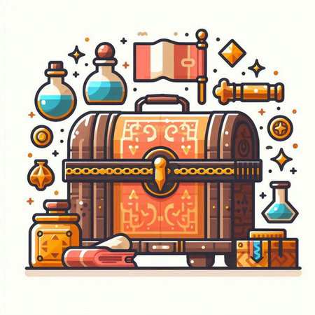 Treasure icon set. Vector illustration of a treasure chest with a flag, magic potion and other items.のイラスト素材
