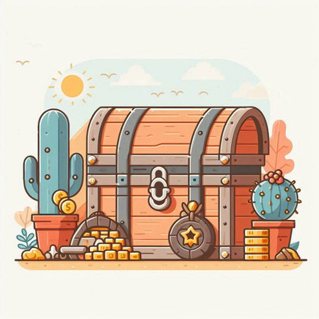 Treasure chest and cacti. Vector illustration in flat styleのイラスト素材
