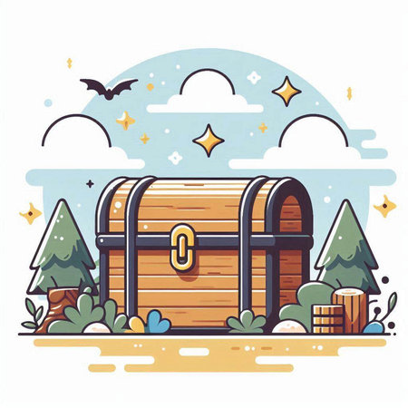 Wooden chest in the forest. Vector illustration in cartoon style.のイラスト素材