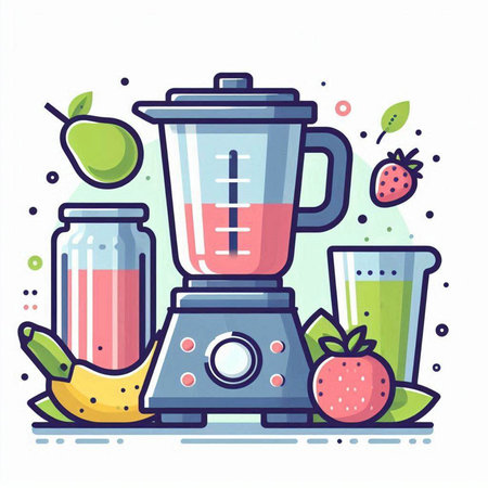 Colorful flat vector illustration of a blender with fruits and smoothies.のイラスト素材