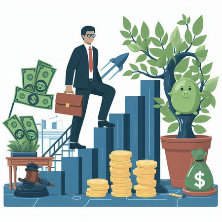 Businessman climbing a bar graph with money in his hands. Vector illustration.のイラスト素材