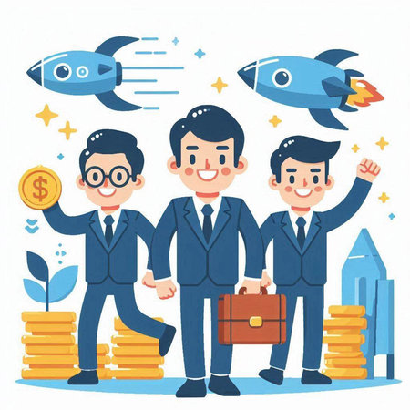 Businessmen and rocket with coins. Successful business concept. Vector illustration.のイラスト素材