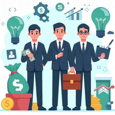 Businessman character vector illustration. Businessman in suit with briefcase, money, lamp, bag and money.のイラスト素材