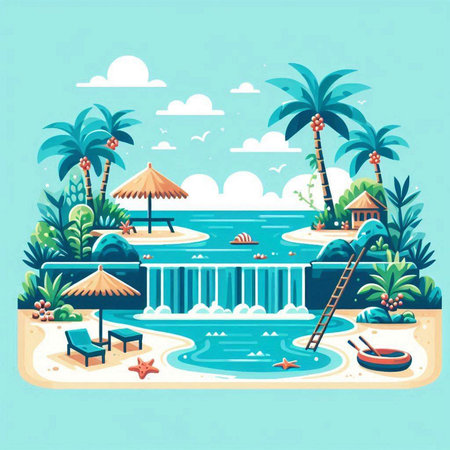 Vector illustration with tropical beach, palm trees, swimming pool, bungalows and umbrella.のイラスト素材