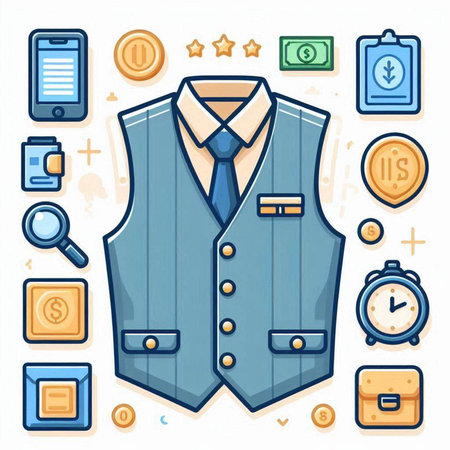 Fashion icons set in thin line style. Vector illustration of shirt, jacket, watch, briefcase, wallet, money, clock, stopwatch, watch, wallet, calendar.のイラスト素材