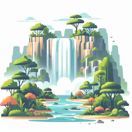 Waterfalls in the forest. Vector illustration of a flat style.のイラスト素材