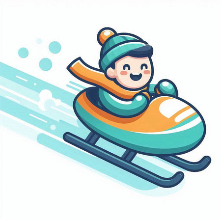 Illustration of a cute cartoon boy riding a snowmobile. Vector.のイラスト素材