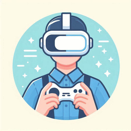 Man playing video games with virtual reality headset. Flat vector illustration.のイラスト素材