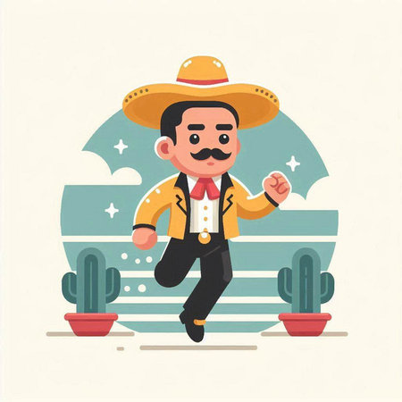 Mexican man in sombrero and hat dancing. Vector illustrationのイラスト素材