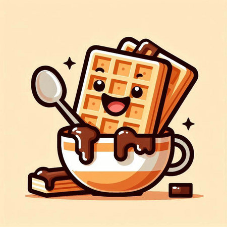 Cute waffle with chocolate and spoon. Vector cartoon illustration.のイラスト素材