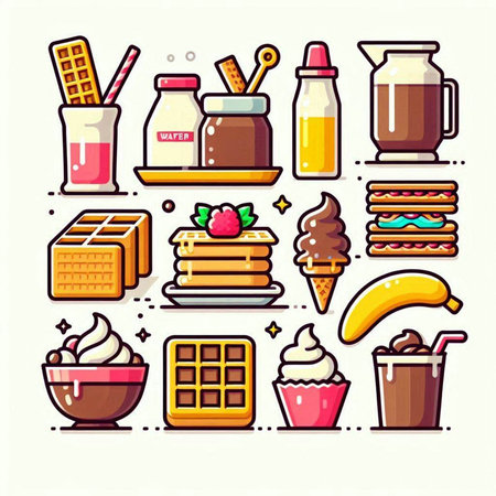 Vector set of food and drink icons in flat line style. Collection of sweet food, ice cream, waffles, waffle, chocolate, strawberry, banana, ice cream, waffle.のイラスト素材