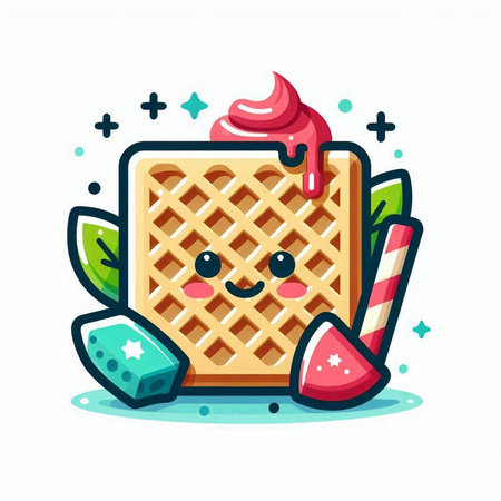 Cute waffle character vector illustration. Cute wafer with whipped cream, ice cream, chocolate and mint.のイラスト素材