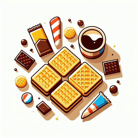 Coffee and sweets isometric composition with waffles and chocolate candies vector illustrationのイラスト素材