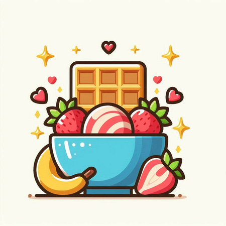 Vector illustration of a bowl of ice cream with strawberries, banana and wafflesのイラスト素材