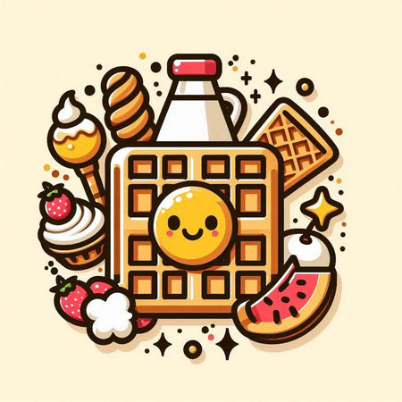 Cute cartoon waffle with ice cream and fruits. Vector illustration.のイラスト素材