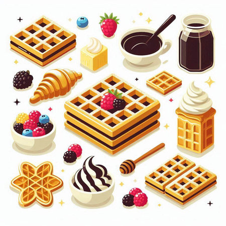 Set of vector illustrations of belgian waffles with chocolate, ice cream, caramel and berries.のイラスト素材