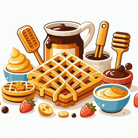 Illustration of a set of food for breakfast - waffles and coffeeのイラスト素材