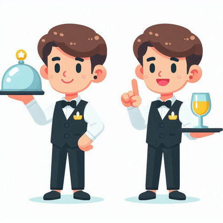 Waiter and waiter cartoon character. Vector illustration in a flat styleのイラスト素材