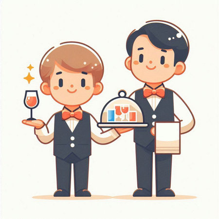 Waiter serving wine to a customer. Vector illustration in cartoon style.のイラスト素材