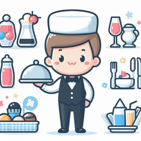 Cute waiter cartoon character in uniform and hat. Vector illustration.のイラスト素材